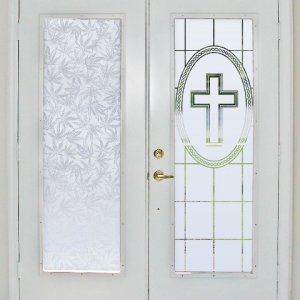 French doors with Cannabis Leaf & Faith etched glass decor