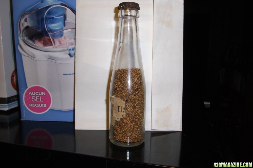 Hemp seed in a bottle with partial label.