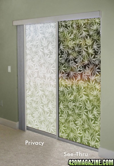Sliding glass doors with Cannabis Leaf window decor
