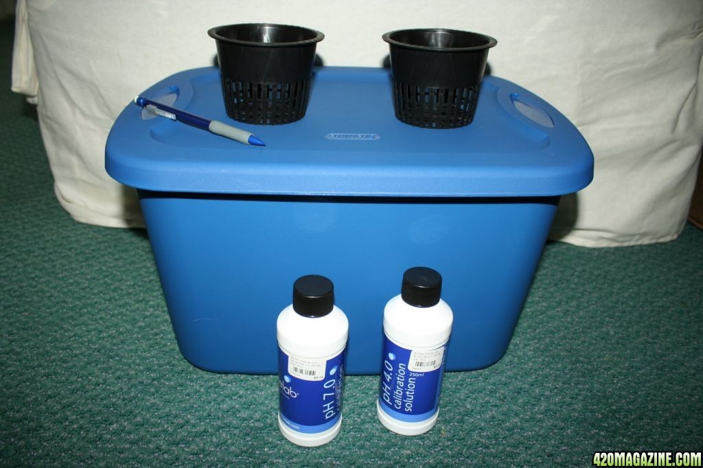 storage tote, net pots, and ph calibration fluid